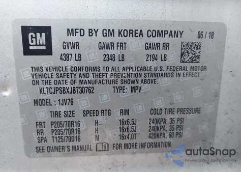 2018 Chevrolet Trax Lt z USA, uszkodzony, nr VIN KL7CJPSBXJB730762